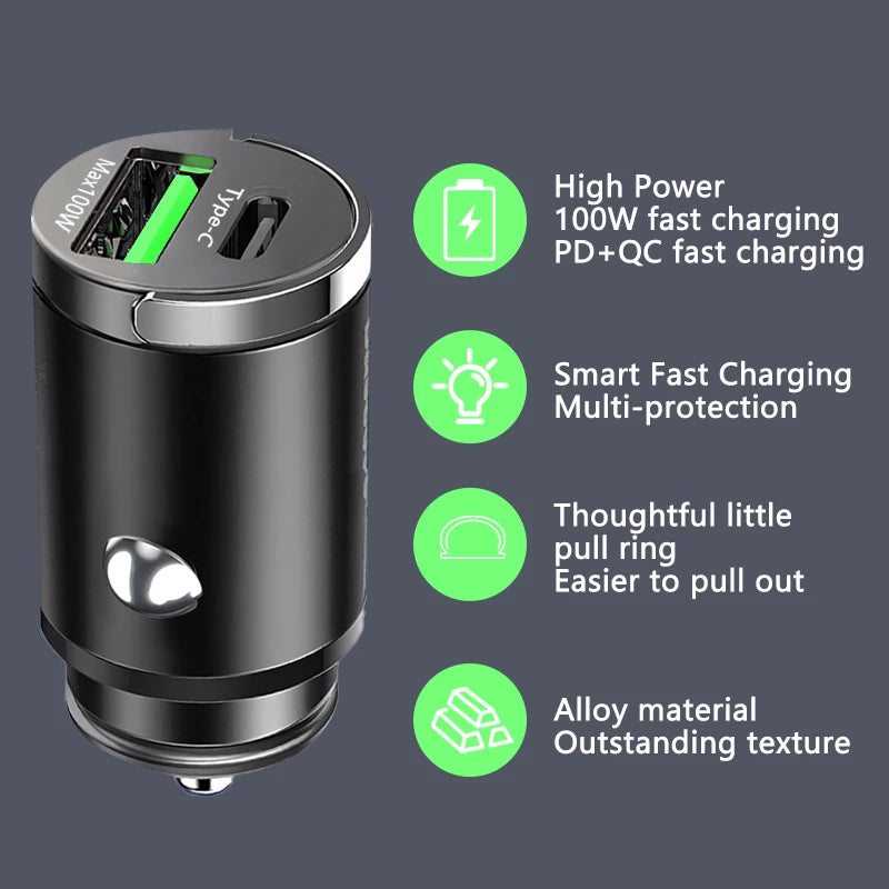100W Car Fast Charging Dual Ports, Type C and USB